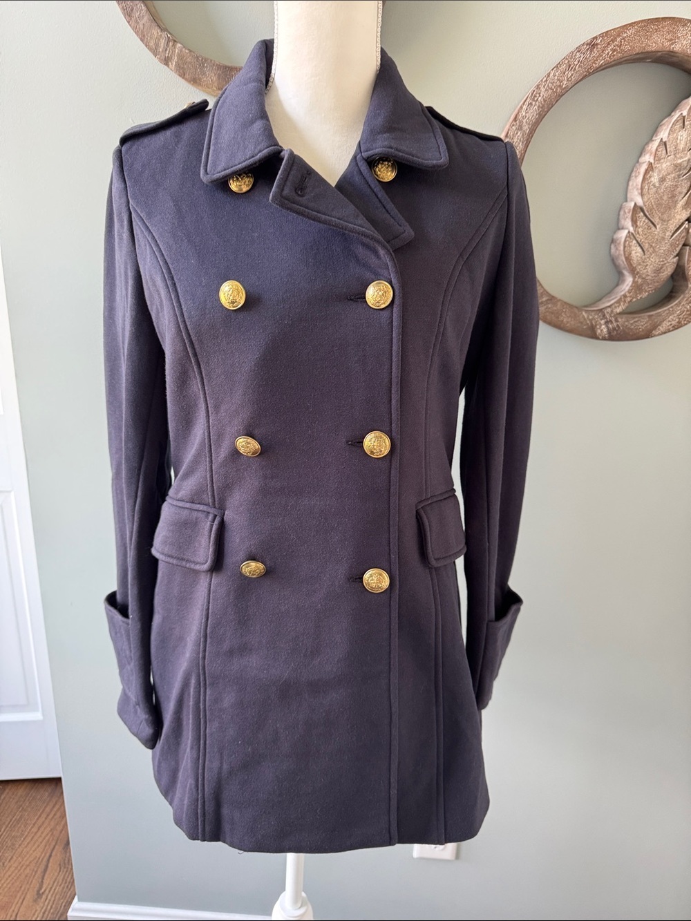 Forever 21 Navy Double-Breasted Peacoat with Gold Buttons size L